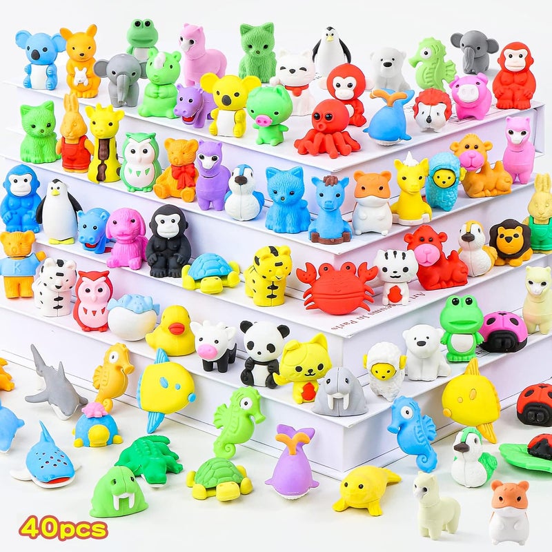Kleeblatt 40Pcs Animal Erasers Desk Pets for Kids Assembled Eraser 3D Puzzle Erasers Classroom Prizes,Class Pets,Party Favors - Image 1